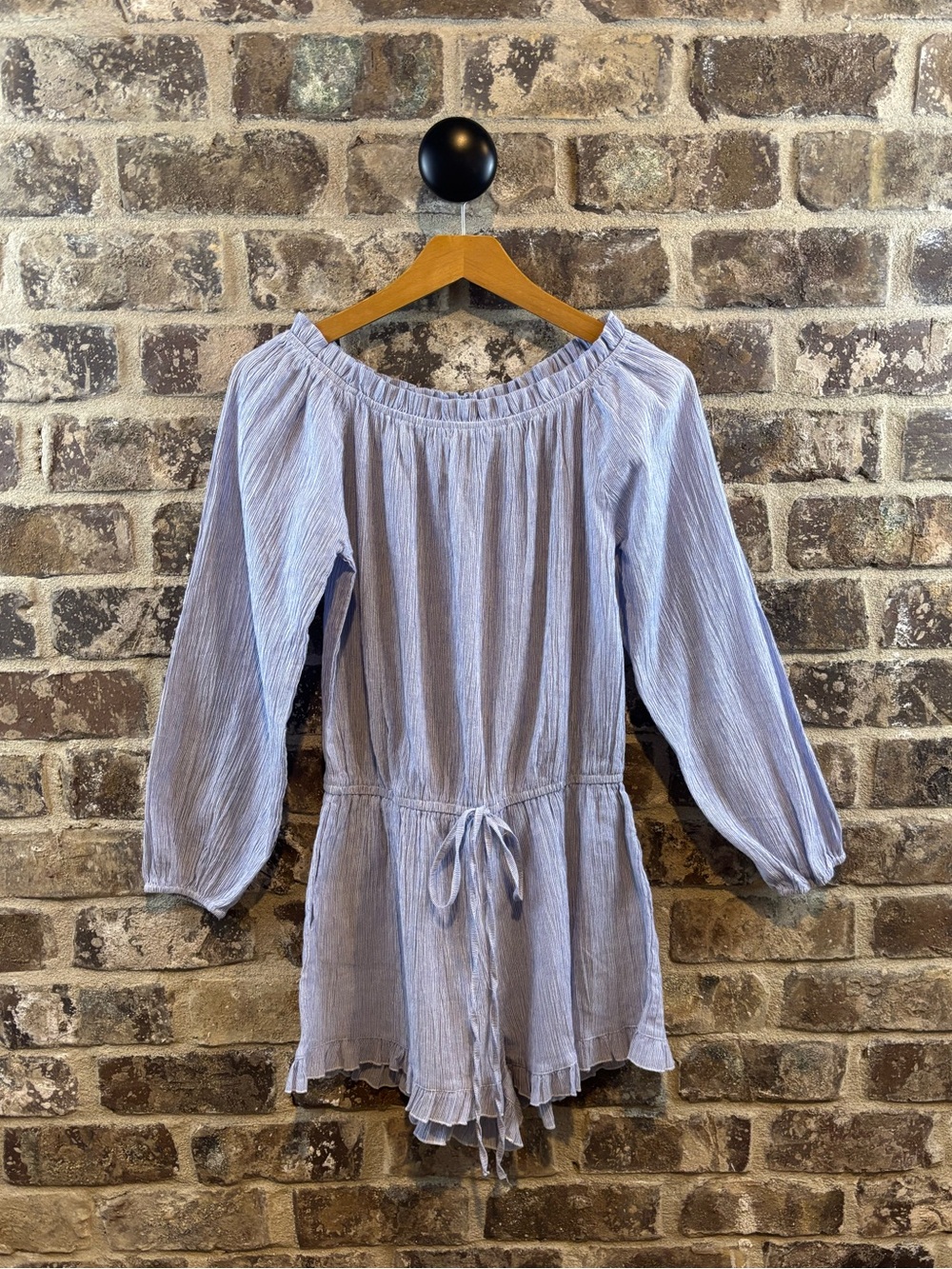 Muche Et Muchette Light Blue White striped Off-Shoulder Tie-Waist Romper SzM/L